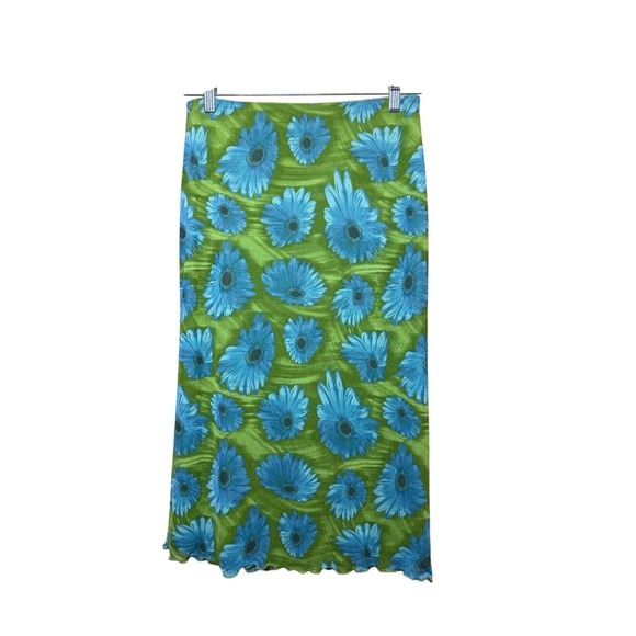 Forever 21 Dresses & Skirts - Forever 21 Womens Blue Daisy Floral Mesh Midi Skirt Lime Green Lettuce Hem L